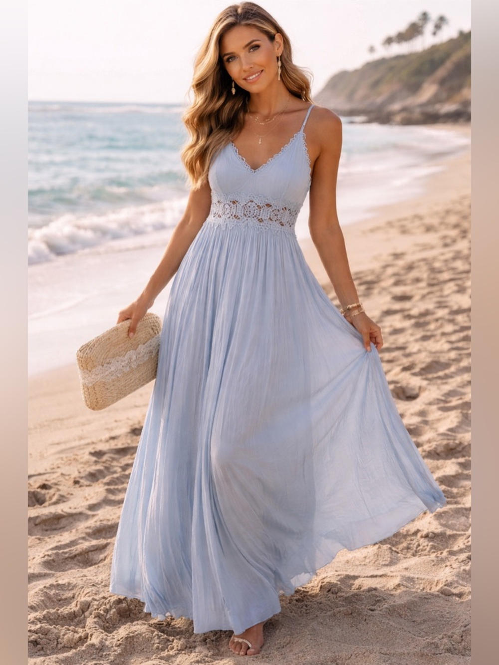 Lulu's Light Blue Crochet-Waist Spaghetti Strap Maxi Dress